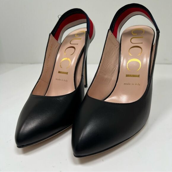 GUCCI WEB SLINGBACK BLACK LEATHER 3.25" HEELS PUMP SHOES 38.5 / US 8.5 - Picture 5 of 10